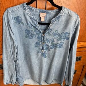 Chico's Denim Top with Blue and Green Floral Pattern